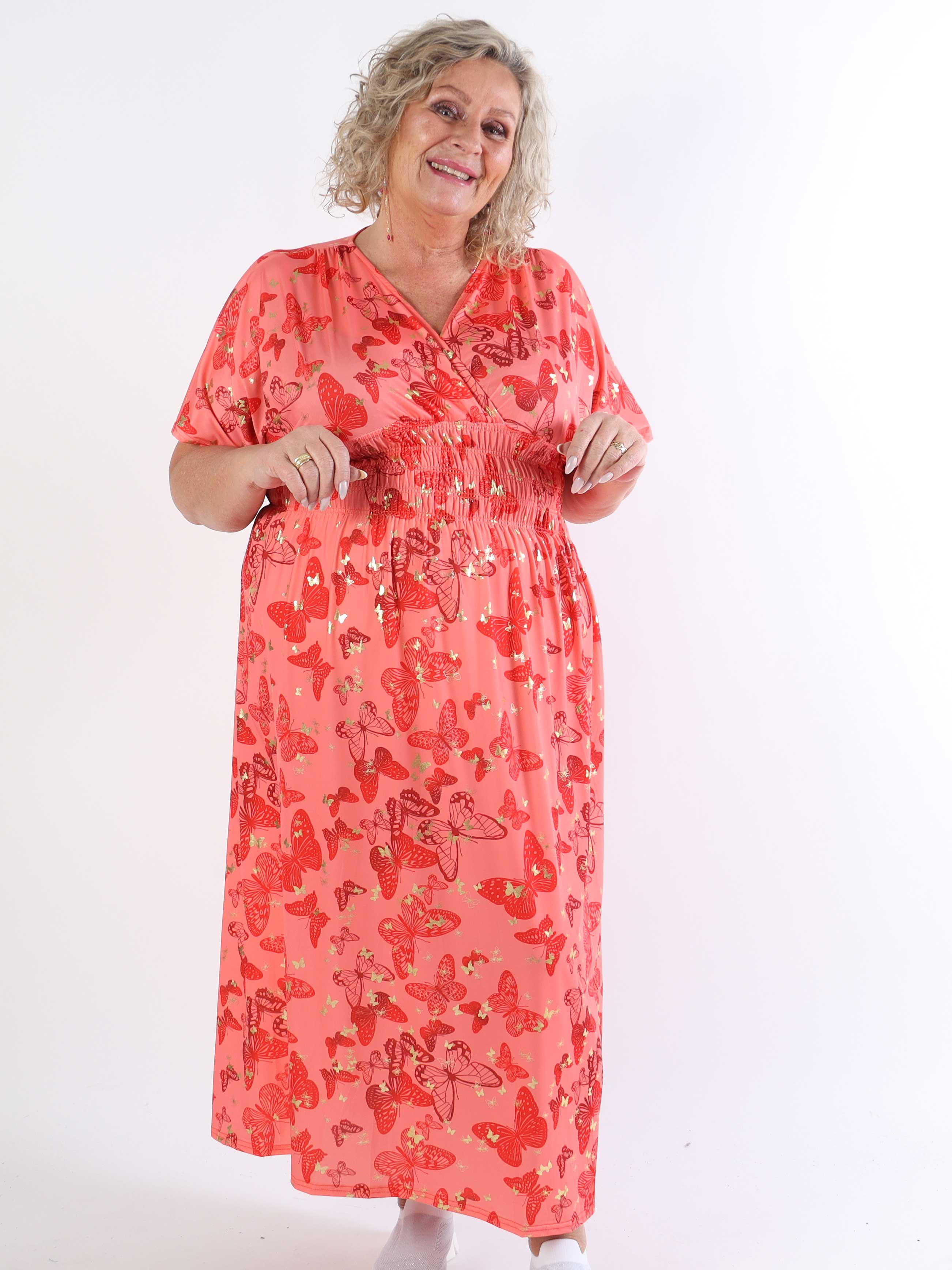 Pams Butterfly - Lang elastisk plus size kjole med smock i livet